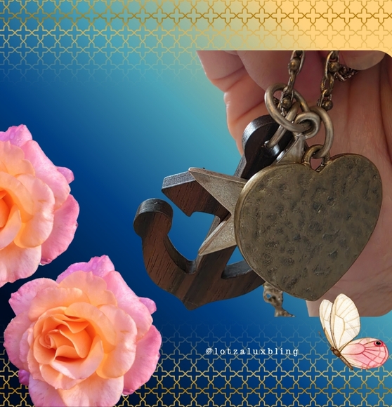 Fossil Mixed Tone Wood Anchor Star Heart Charm Necklace 109LLB - Picture 1 of 10